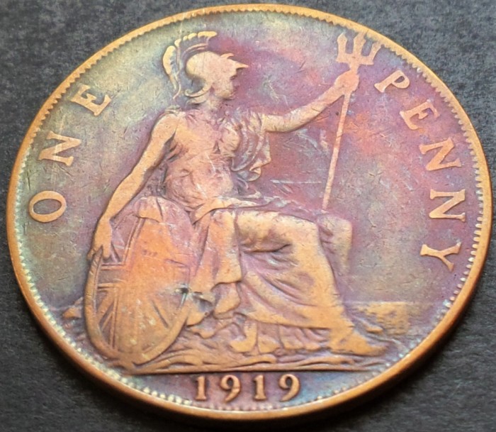 Moneda 1 (ONE) PENNY- MAREA BRITANIE, anul 1919 * cod 4085 = detalii clare