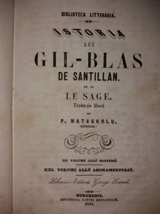 P. MATSUKOLU - ISTORIA LUI GIL-BALS DE SANTILLAN DE LA SAGE - VOL. 3-4 {1855}