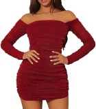 Rochie de petrecere din plasă cu paiete, m&acirc;necă lungă, plisată, guler pătrat &ndash; Burgundy XL