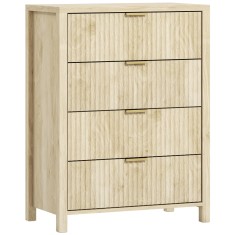 HOMCOM Comodă pentru Dormitor cu 4 Sertare Canelate, Comodă din Lemn cu M&acirc;nere Aurii, pentru Sufragerie, Sala de Mese și Hol, 70x38x93 cm, Lemn Natura