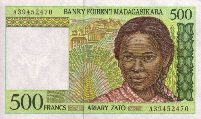MADAGASCAR █ bancnota █ 500 Francs = 100 Ariary █ 1994 █ P-75a █ UNC necirculata