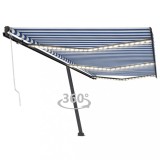 vidaXL Copertină automată cu senzor v&acirc;nt&amp;LED, albastru&amp;alb, 600x300 cm
