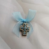 Set 20 Cruciulite Botez Bleu cu Pietre + 2 Banuti Nasi, Funda Organza, 20mm