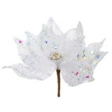 Floare decorativă de Crăciun, Albă, cu cristale holografice și clips, 24 cm, CMCLASS