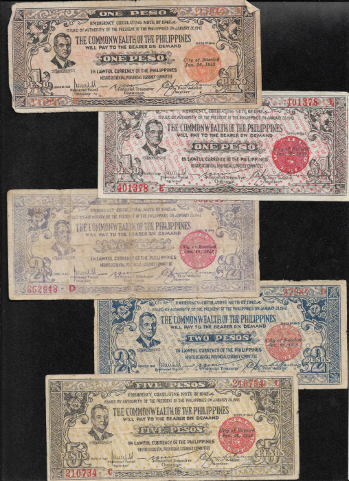 Rar! Set Phillipines Filipine 2 x 1 + 2 x 2 + 5 pesos 1942 insula Negros