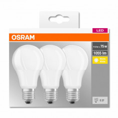 3 Becuri LED Osram Base Classic A, E27, 10W (75W), 1055 lm, lumina calda (2700K)