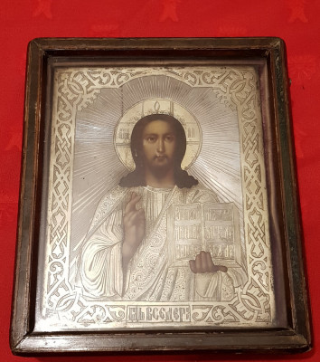 ICOANA RUSA-ISUS HRISTOS PANTOCRATOR-PICTURA PE LEMN-FERECATURA DIN ARGINT-1881 foto