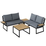 Outsunny Set mobilier de grădină &icirc;n formă L, cadru metalic, pentru 4 persoane, lounge cu canapea 2 locuri și perne, 2 măsuțe suprapuse, Teak | Aosom R