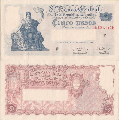 1950, 5 pesos (P-258) - Argentina - stare aUNC! foto