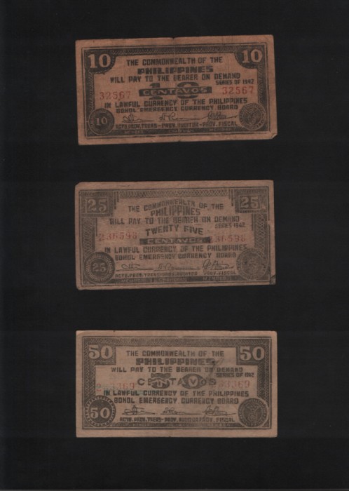 Rar! Set Filipine Philippines 10+25+50 centavos+1+5+10 pesos 1942 Bohol complet
