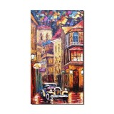 Tablou pictat manual, Peisaj citadin, masina de epoca, 90x50cm ulei pe panza in cutit efect 3D, Leo Covaci