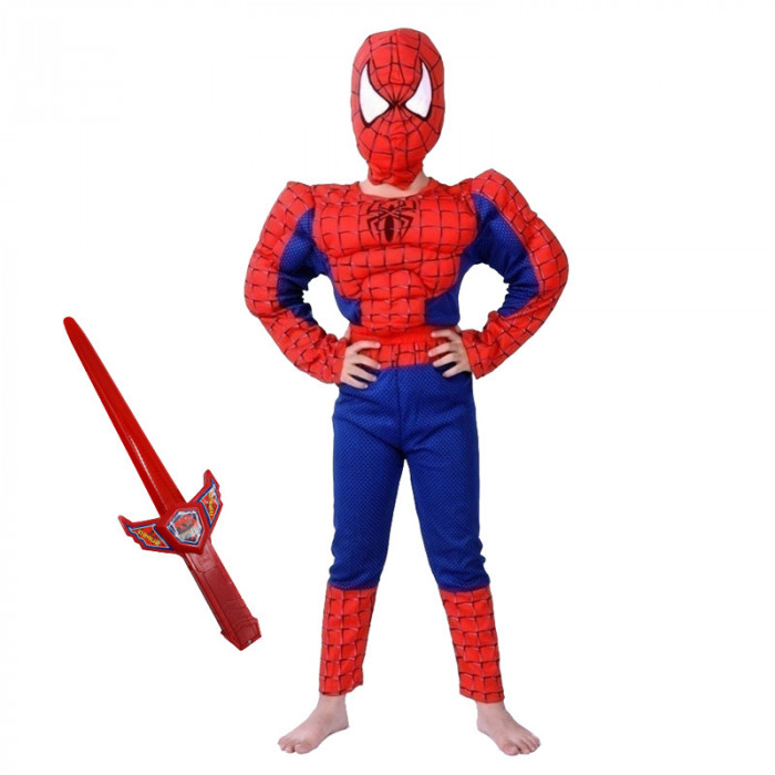 Set costum clasic Spiderman cu muschi IdeallStore&reg;, 7-9 ani, 120-130 cm, rosu si sabie cu lumini
