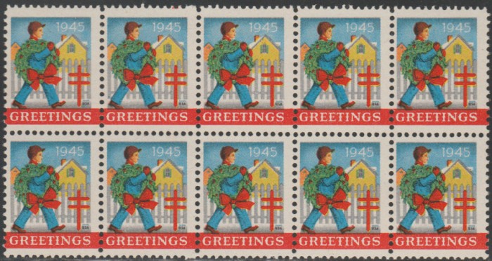 1945 SUA - Bloc de 10 vignete de Craciun + Campanie Anti Tuberculoza, TBC