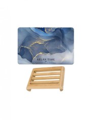 Covoras pentru baie Relax Time, ultra absorbant, anti-alunecare, model Luxury Marmura albastru 40 x 60 cm si sapuniera lemn