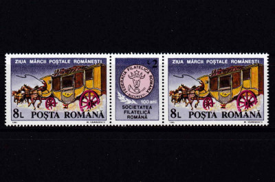 RO 1991 LP 1271 &amp;quot;Ziua marcii postale romanesti&amp;quot; , pereche H vinieta centru ,MNH foto