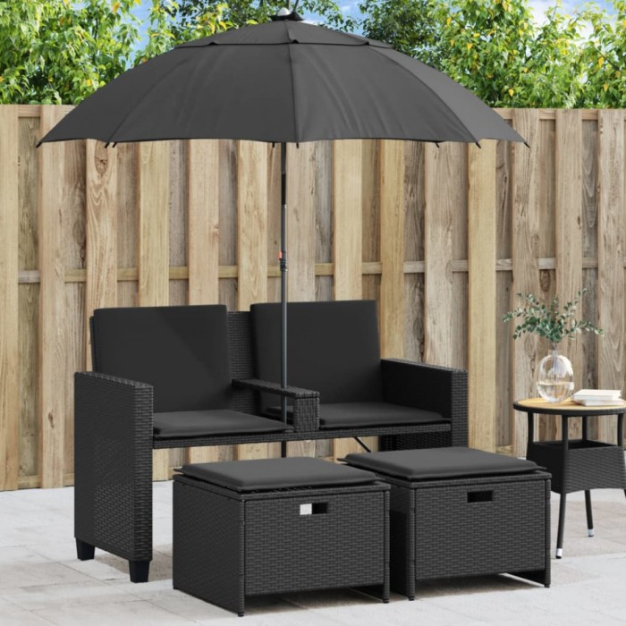 vidaXL Canapea de grădină cu 2 locuri/umbrelă/taburete negru poliratan 365883