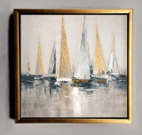 Tablou pictat manual Peisaj Barci pe mare Veliere in largul marii 100x100, Abstract, Ulei