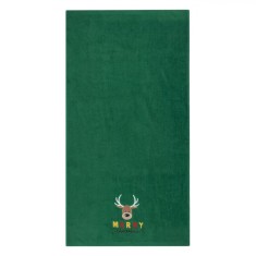 Prosop de Maini Craciun, Bumbac, Model Cerb Brodat, Mesaj Merry Christmas, Culoare Verde, Dimensiune 90x45cm, GSM 400