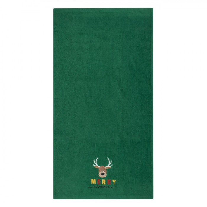 Prosop de Maini Craciun, Bumbac, Model Cerb Brodat, Mesaj Merry Christmas, Culoare Verde, Dimensiune 90x45cm, GSM 400
