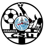 Ceas de perete decorativ realizat din disc de vinil, Model Universitatea Craiova CSU, Fotbalist in Foarfeca si Mingi, Text Craiova CSU, Negru, 30 cm