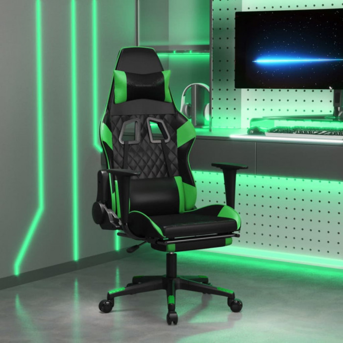 vidaXL Scaun de gaming cu suport picioare negru/verde, piele ecologică