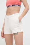 Puma pantaloni scurti din bumbac culoarea bej, cu imprimeu, high waist