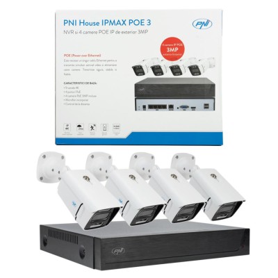 Kit supraveghere video PNI House IPMAX POE 3 si 4 camere cu IP 3MP de exterior Power over Ethernet foto