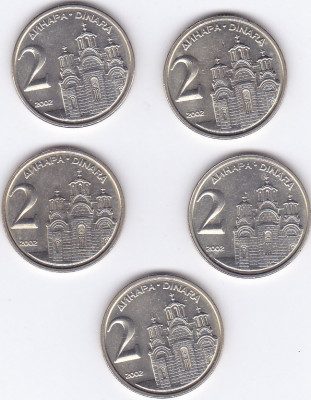 Moneda Iugoslavia 2 Dinari 2002 - KM#181 UNC ( cu luciu, din fisic - set x5 ) foto