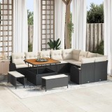 Set canapea de grădină 12 piese cu perne, rattan negru și acacia