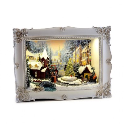 Decoratiune Craciun, polirasina, tablou de Craciun, sat inzapezit, LED, 3xAA, 28.5x8.2x21.2 cm, Magic Home foto