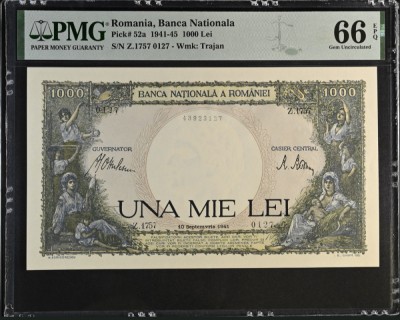 1000 lei sept 1941 PMG66 UNC bancnota gradata foto