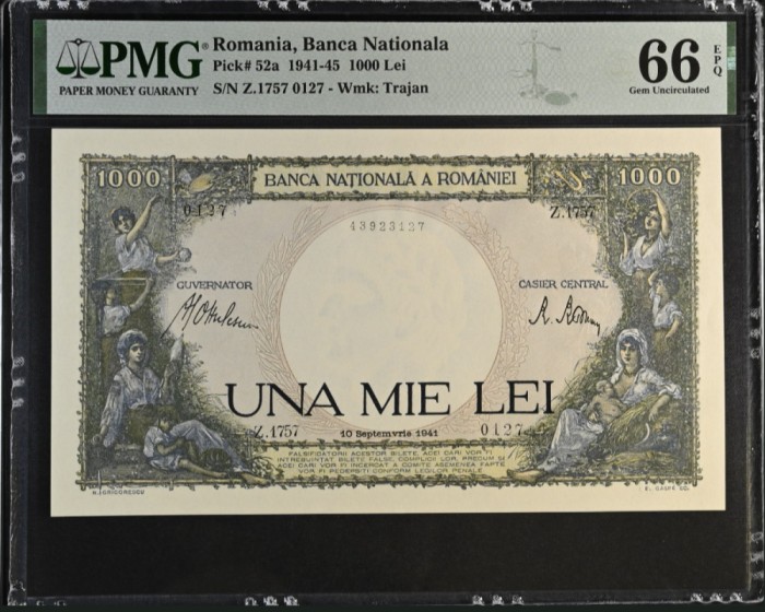 1000 lei sept 1941 PMG66 UNC bancnota gradata