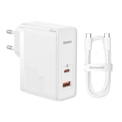 Incarcator priza Fast Charge 2in1 + cablu Type-C Baseus GaN5 Pro, 100W, alb foto