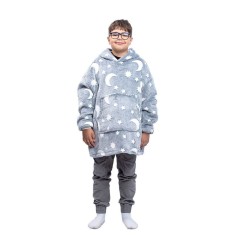 Patura cu maneci, Grey Moon, tip Hanorac, ultra usor si calduros, fosforescenta, cu buzunar tip cangur, manseta elastica, Flanel &amp;amp; Polar, 75 cm