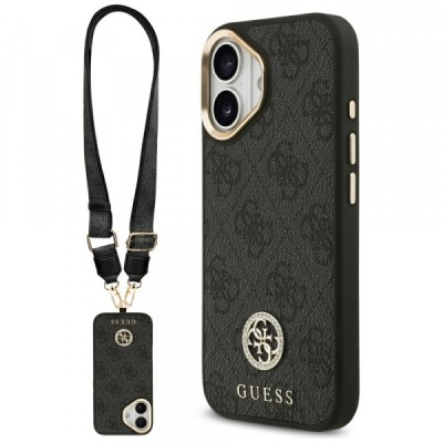 Husa MagSafe pentru Apple iPhone 17, Guess, 4G Strass Logo with Big Strap, Neagra foto