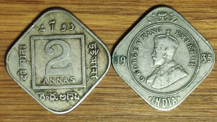 India Britanica - set raritati coloniale - 2 anna / annas 1918 + 1935 - ambele variante, cu si fara punct