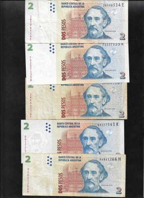 Rar! Set Argentina 5 x 2 pesos semnaturi diferite foto