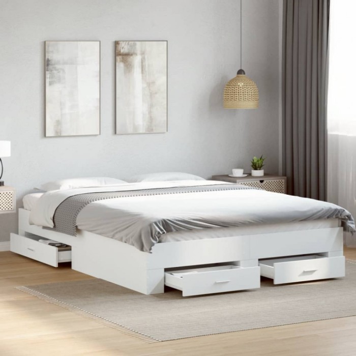 Gossi cadru pat cu sertare alb extralucios 140x200 cm, lemn prelucrat
