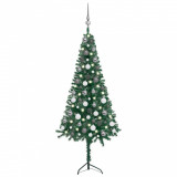 Set brad Crăciun artificial de colț LED&amp;globuri verde 120cm PVC