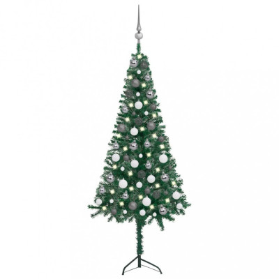 Set brad Crăciun artificial de colț LED&amp;amp;globuri verde 120cm PVC foto