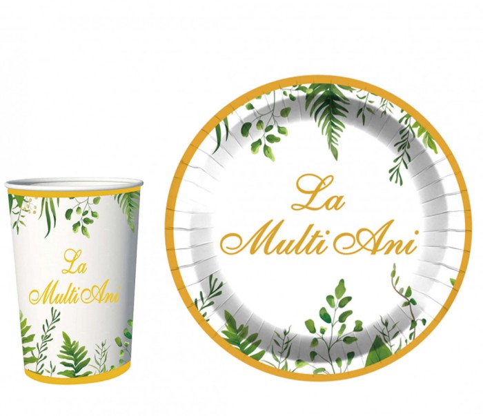 Set 8 pahare 8.5 cm, 175 ml si 8 farfurii de carton, 18 cm, Verde feriga