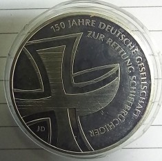 (A105) MONEDA DIN ARGINT GERMANIA - 10 EURO 2015, LIT. J, 150 ANI DE SERVICIUL GERMAN DE CAUTARE SI SALVARE MARINA, STARE PROOF