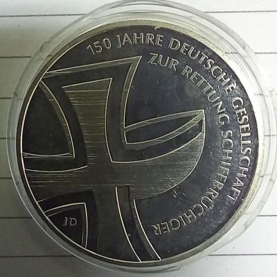 (A105) MONEDA DIN ARGINT GERMANIA - 10 EURO 2015, LIT. J, 150 ANI DE SERVICIUL GERMAN DE CAUTARE SI SALVARE MARINA, STARE PROOF foto