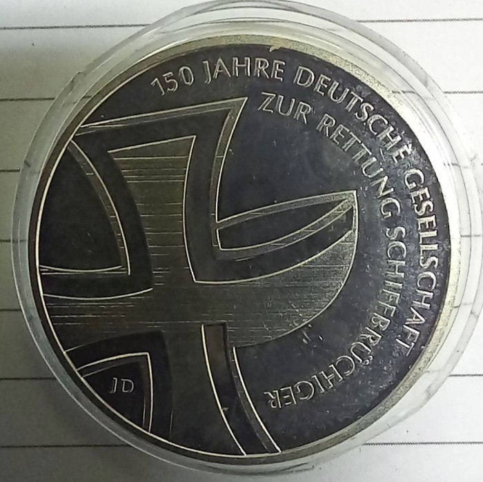 (A105) MONEDA DIN ARGINT GERMANIA - 10 EURO 2015, LIT. J, 150 ANI DE SERVICIUL GERMAN DE CAUTARE SI SALVARE MARINA, STARE PROOF
