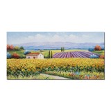 Tablou peisaj cu floarea soarelui si lavanda pictat manual, Colt de rai, 140x70cm ulei pe panza in cutit efect 3D, gata de agatat pe perete