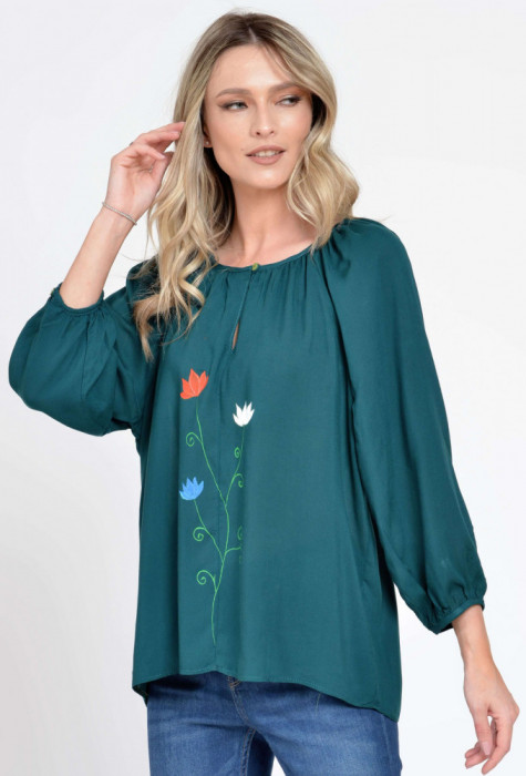 Bluza Dama cu Maneca 3 sferturi, Ampla, Verde cu pictura realizata manual - XL
