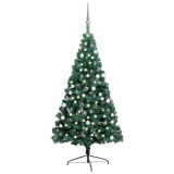 VidaXL Jumătate brad Crăciun pre-iluminat cu set globuri verde 150 cm