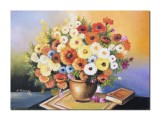 Tablou cu flori pictat manual, Vaza cu flori multicolore si carte, 70x50cm ulei pe panza, gata de expus pe perete