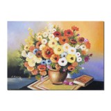 Tablou cu flori pictat manual, Vaza cu flori multicolore si carte, 70x50cm ulei pe panza, gata de expus pe perete