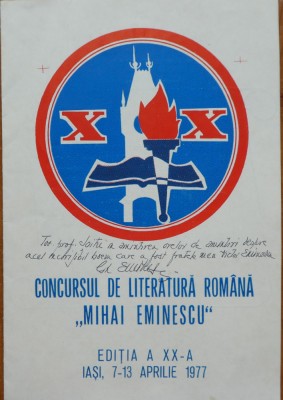 Program Concursul de literatura Mihai Eminescu, Iasi,1977, autograf Gh. Eminescu foto